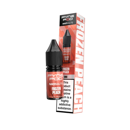A bottle of Pyne Pod Nic salts e-liquid in the Frozen Peach flavour, standing next to its retail packaging box on a plain white background.