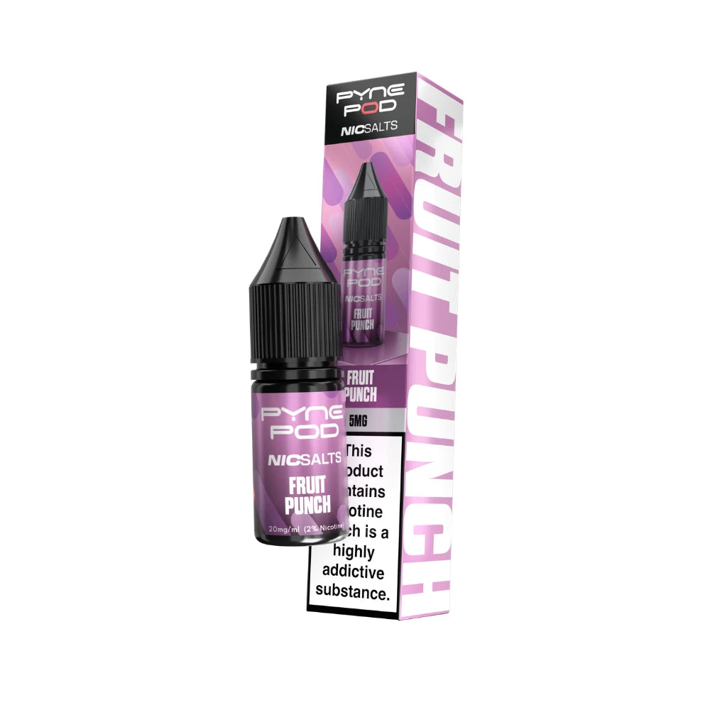 A bottle of Pyne Pop NicSalts Fruit Punch e-liquid next to its retail box packaging, featuring a purple and pink gradient design with a prominent warning label.
