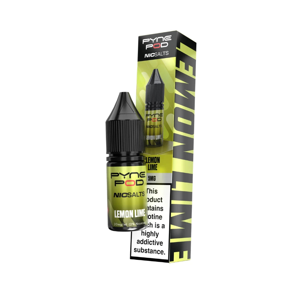 A bottle of Pyne Pod Nic Salts Lemon Lime 10mg e-liquid next to its retail packaging box, both featuring a black and lime green colour scheme on a plain white background.