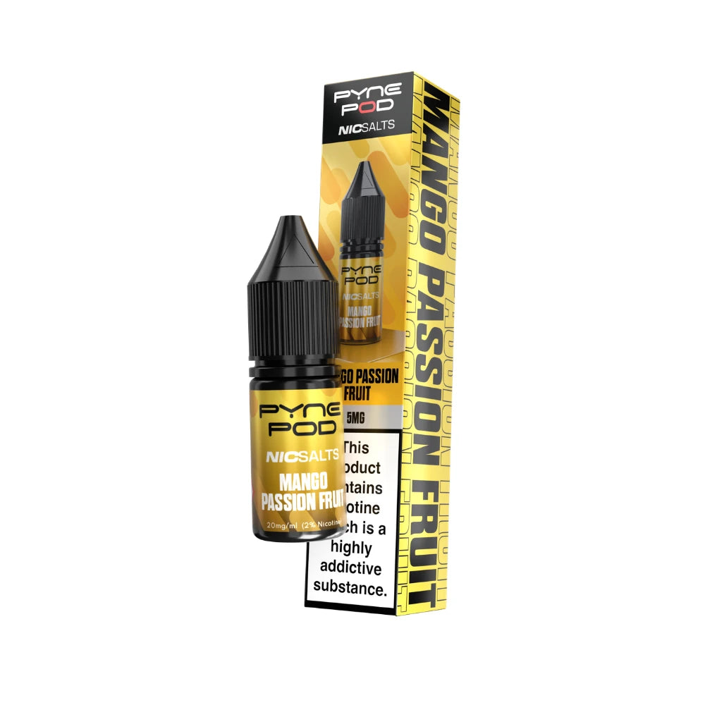 A bottle of Pyne Pod Mango Passion Fruit e-liquid next to its retail box packaging, featuring a yellow and black design with a prominent warning label.