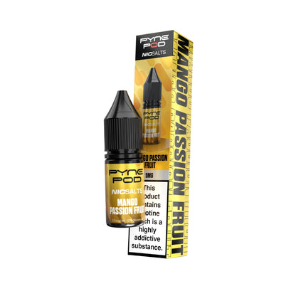 A bottle of Pyne Pod Mango Passion Fruit e-liquid next to its retail box packaging, featuring a yellow and black design with a prominent warning label.