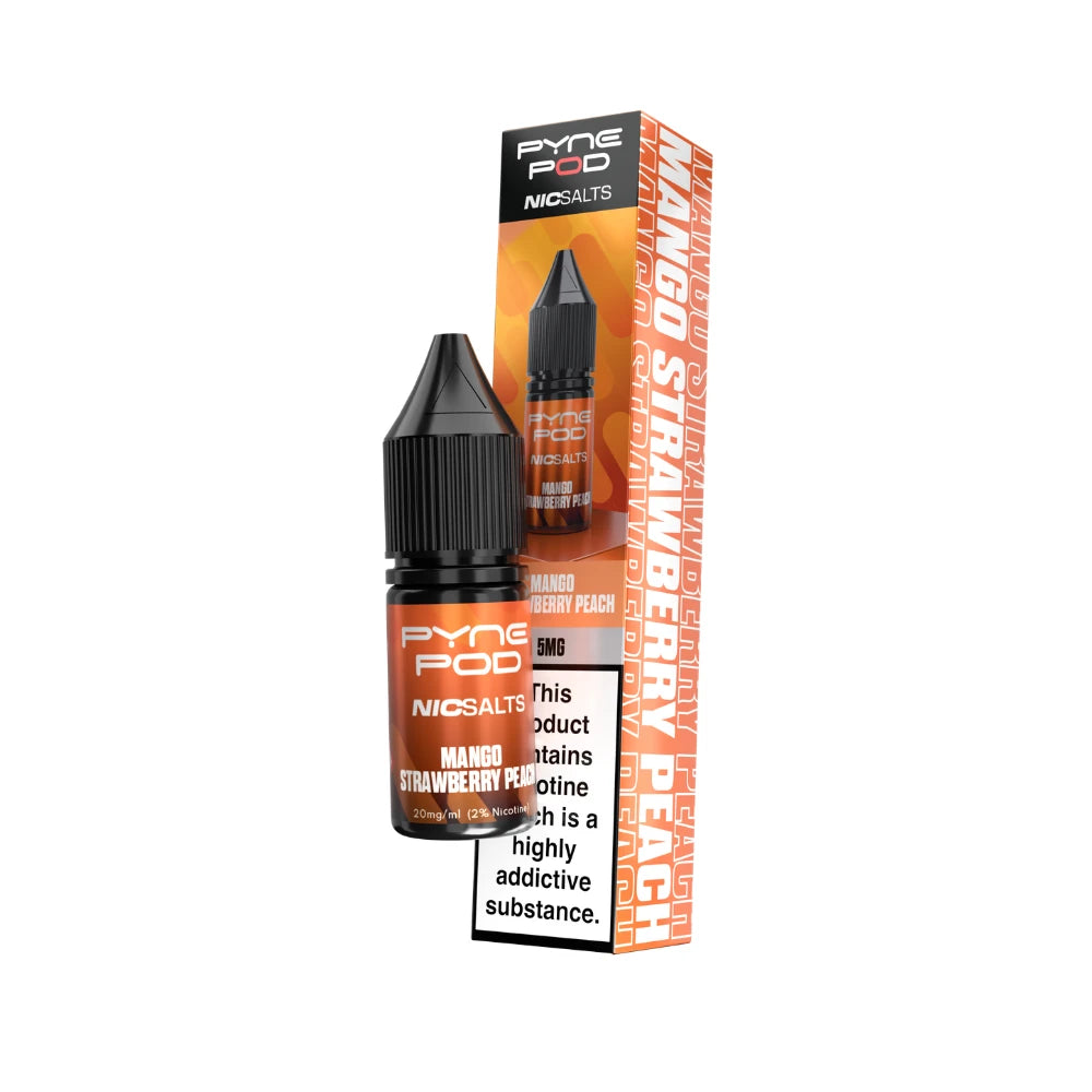 A bottle of Pyne Pod Nicsalts e-liquid next to its retail box, featuring a black cap and orange and black label, with a warning label in front, on a plain white background.