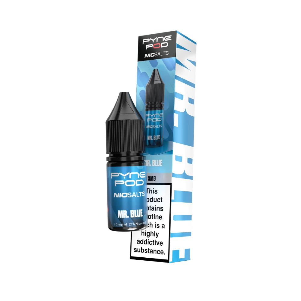 A bottle of Pyne Pod NicSalts e-liquid in 'Mr. Blue' flavour, shown next to its blue and white packaging box on a plain white background.