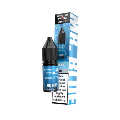 A bottle of Pyne Pod NicSalts e-liquid in 'Mr. Blue' flavour, shown next to its blue and white packaging box on a plain white background.