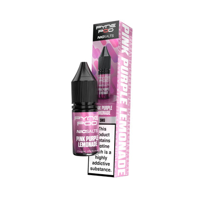 A bottle of Pyne Pod Nic Salts Pink Purple Lemonade e-liquid next to its retail packaging box, both featuring a pink and purple gradient design with a black cap.