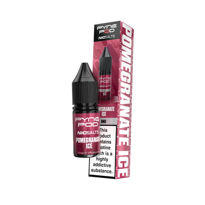 A bottle of Pyne Pod NicSalts Pomegranate Ice e-liquid next to its retail packaging box, both featuring a dark red and pink design with white text and a black cap.