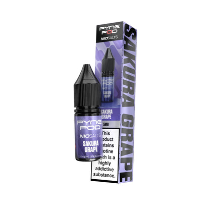 A bottle of Pyne Pop Nic Salts Sakura Grape e-liquid next to its retail packaging box, both in a dark purple and black colour scheme, on a plain white background.