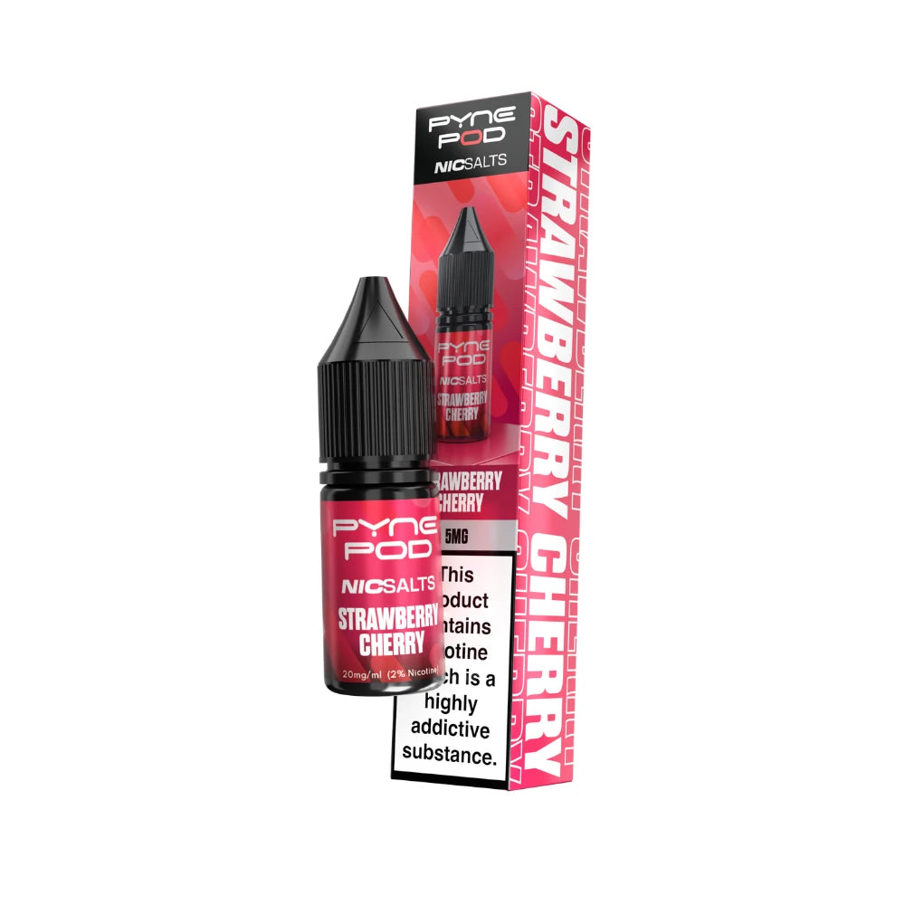 A bottle of Pyne Pod Nic Salts Strawberry Cherry e-liquid next to its red and black packaging box, displayed on a clean white background.