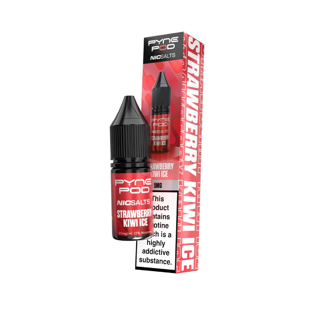 A bottle of Pyne Pod NicSalts Strawberry Kiwi Ice e-liquid next to its red and white packaging box, on a plain white background.