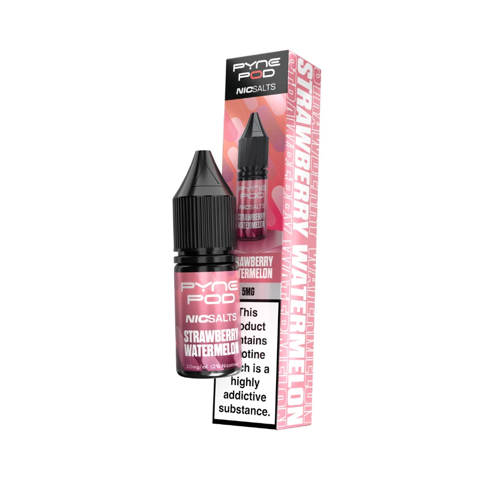 A bottle of Pyne Pod NicSalts Strawberry Watermelon e-liquid next to its pink and white packaging box, displayed on a clean white background.
