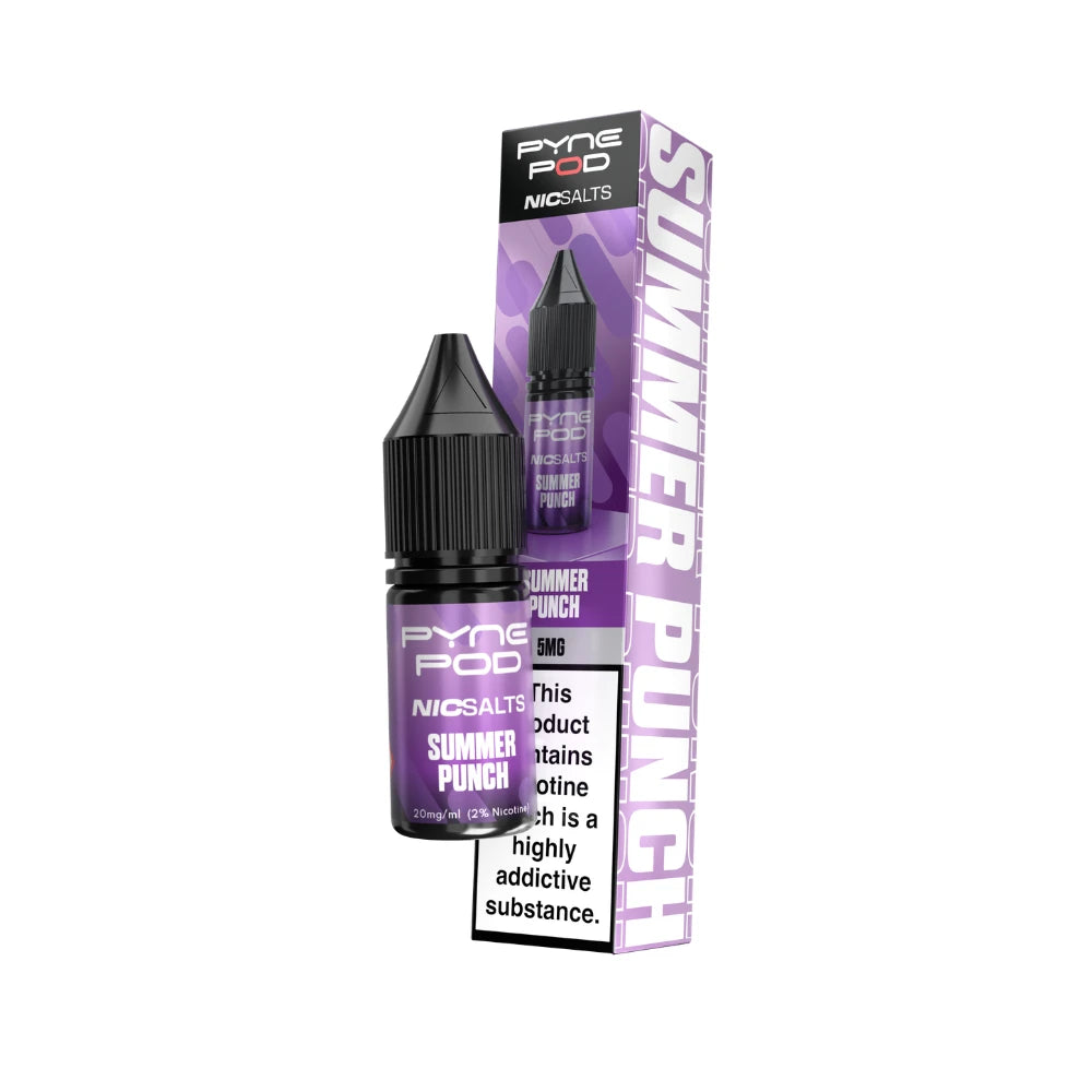 A bottle of Pyne Pod NicSalts Summer Punch e-liquid next to its retail box packaging, featuring a black cap and purple and white label design on a plain white background.