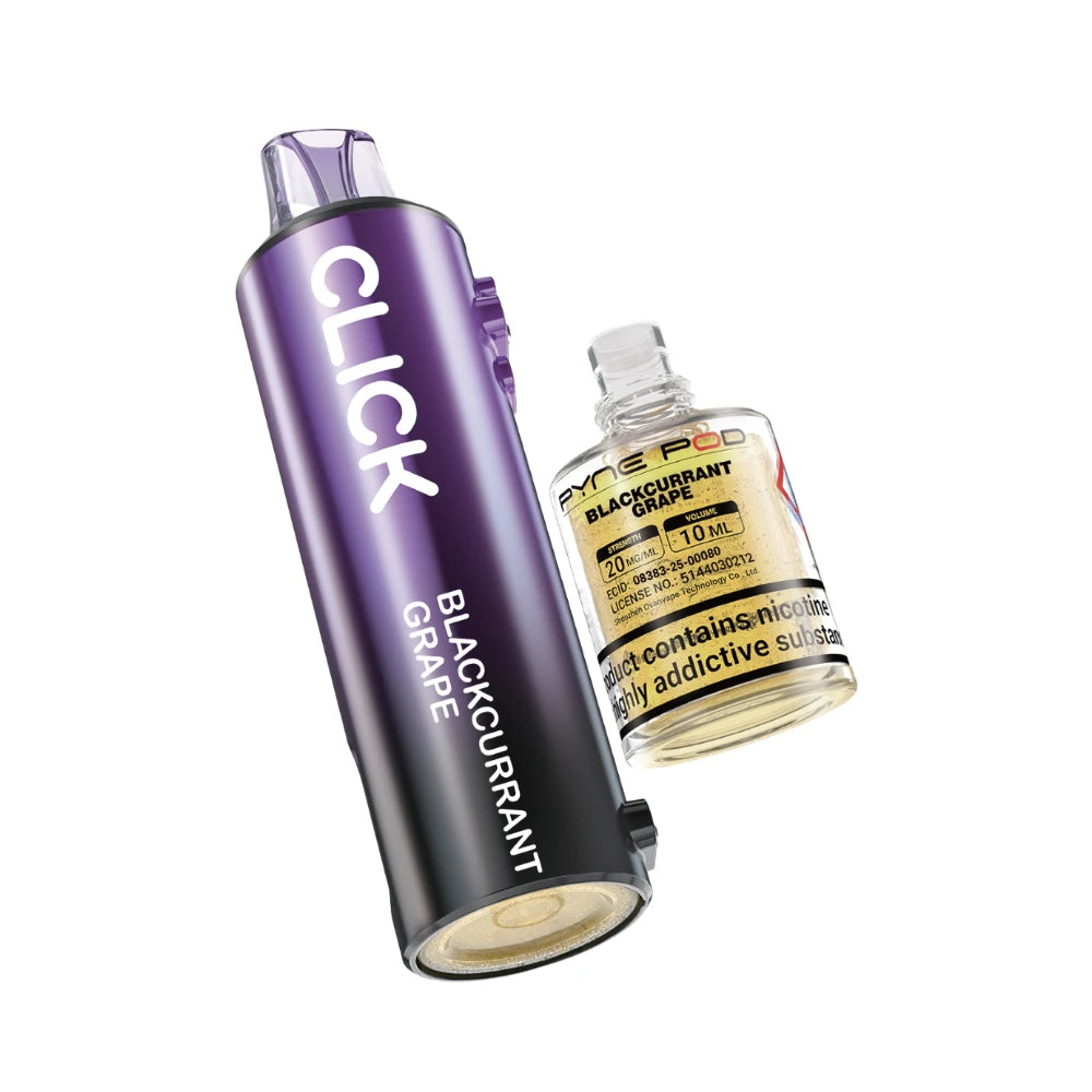 Pyne Pod Click 50k Refill pod and prefilled container in "Blackcurrant Grape" flavour on a white background.