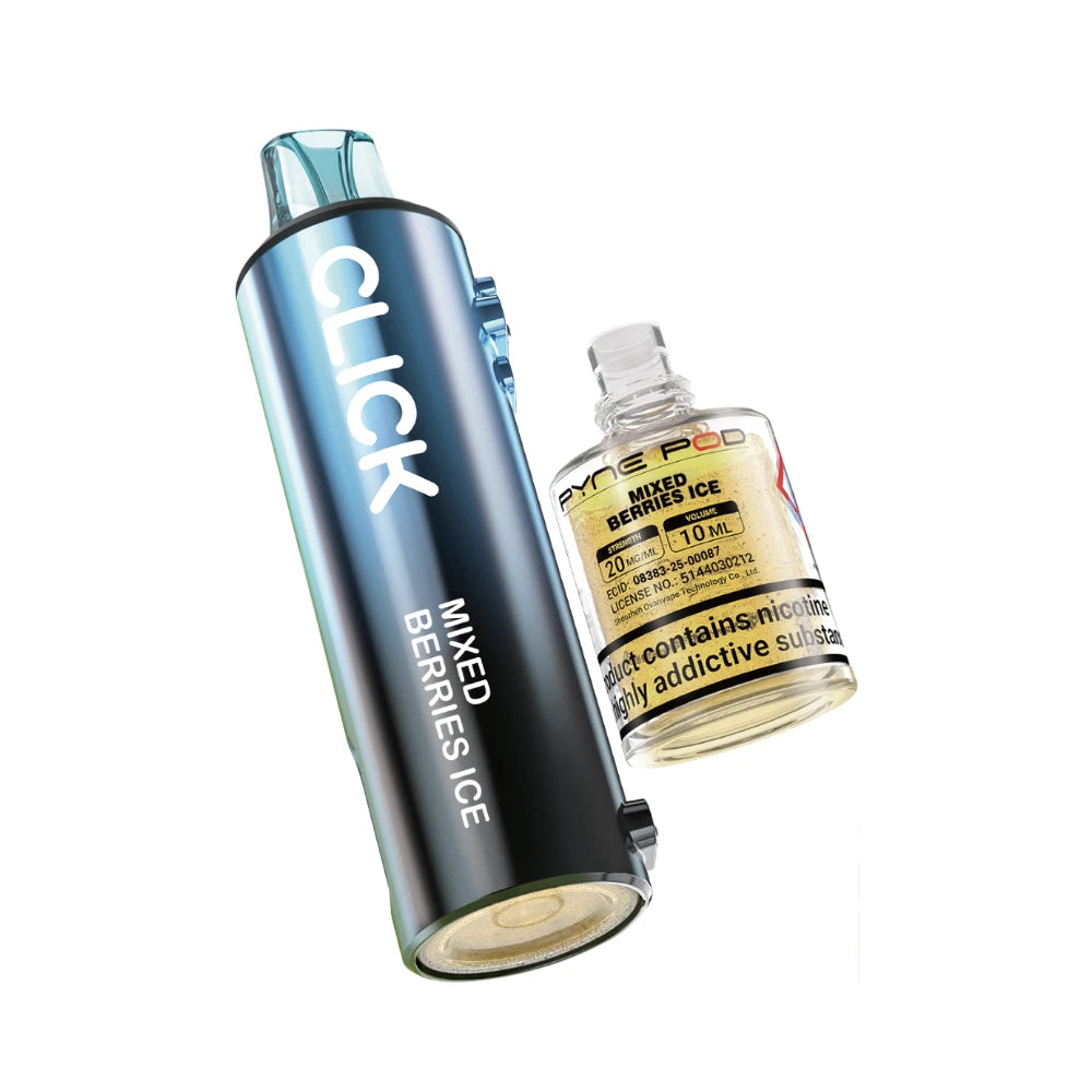 Pyne Pod Click 50k Refill pod and prefilled container in "Mixed Berries Ice" flavour on a white background.