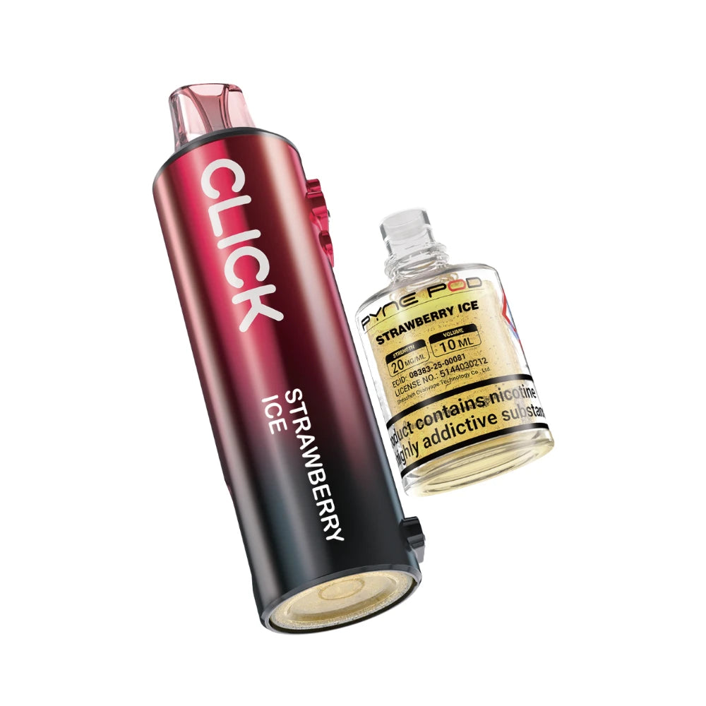 Pyne Pod Click 50k Refill pod and prefilled container in "Strawberry Ice" flavour on a white background.
