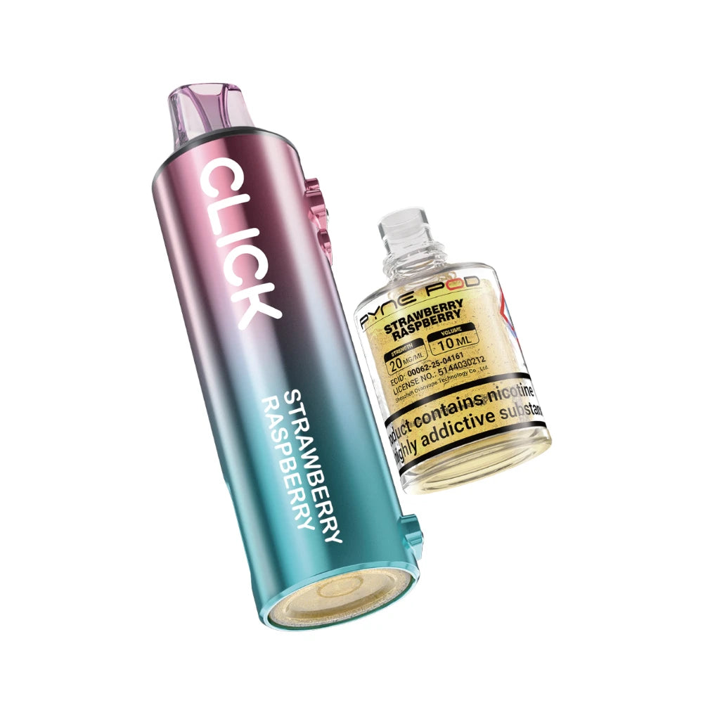 Pyne Pod Click 50k Refill pod and prefilled container in "Strawberry Raspberry" flavour on a white background.