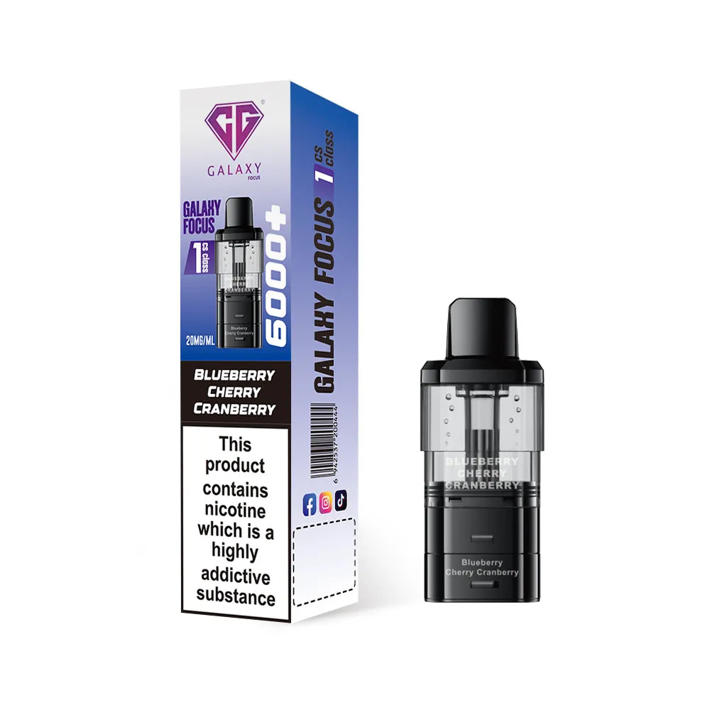 Crystal Galaxy refill pod in the flavour blueberry cherry cranberry with packaging on a white background