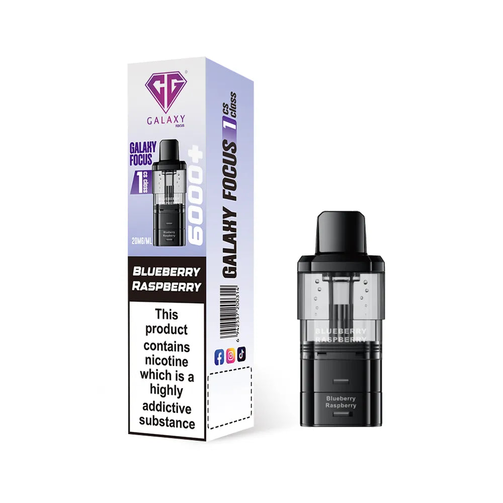 Crystal Galaxy refill pod in the flavour blueberry raspberry with packaging on a white background