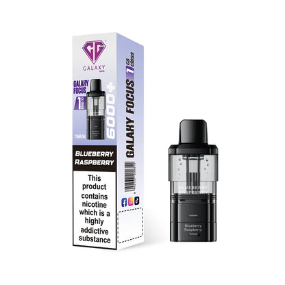 Crystal Galaxy refill pod in the flavour blueberry raspberry with packaging on a white background