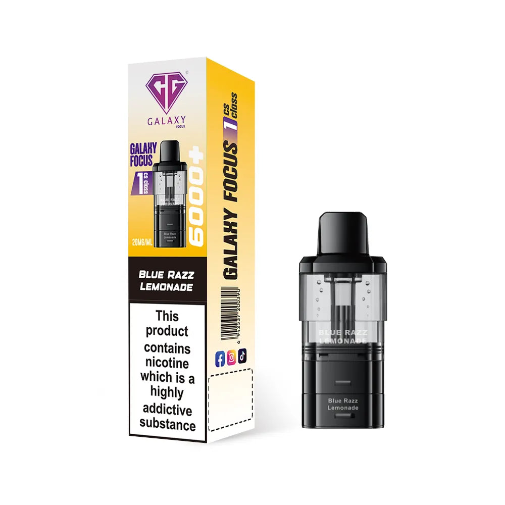 Crystal Galaxy refill pod in the flavour blue razz lemonade with packaging on a white background