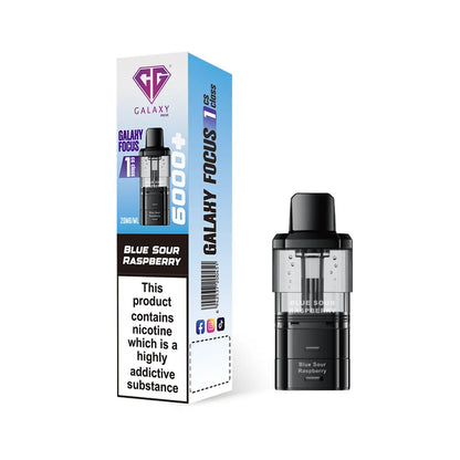Crystal Galaxy refill pod in the flavour blue sour raspberry with packaging on a white background
