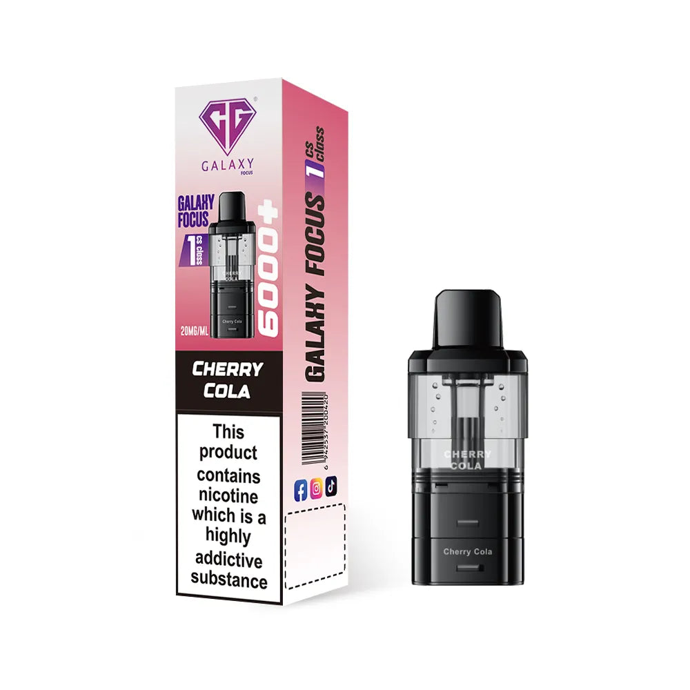 Crystal Galaxy refill pod in the flavour cherry cola with packaging on a white background