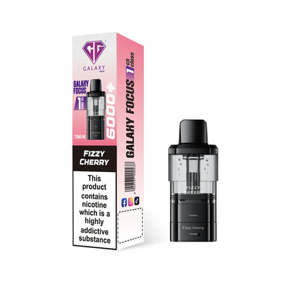 Crystal Galaxy refill pod in the flavour fizzy cherry with packaging on a white background