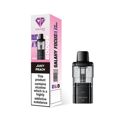 Crystal Galaxy refill pod in the flavour juicy peach with packaging on a white background