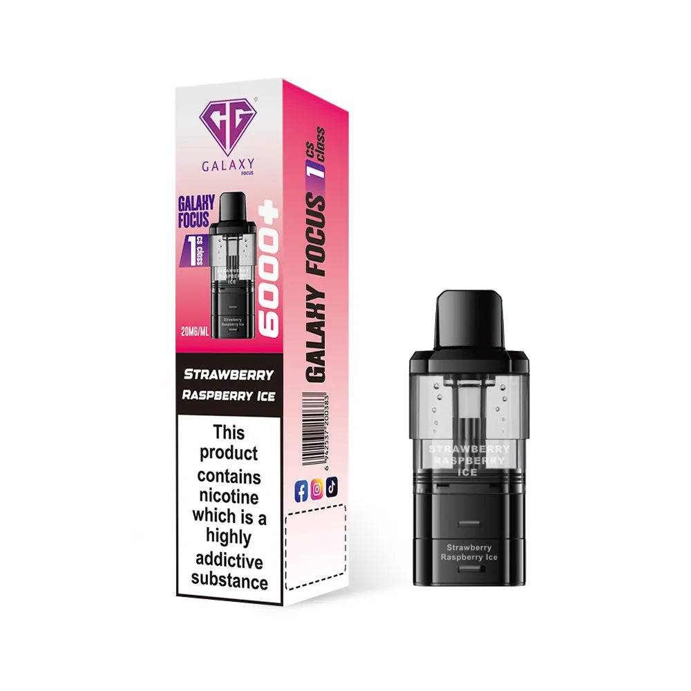 Crystal Galaxy refill pod in the flavour strawberry raspberry ice with packaging on a white background