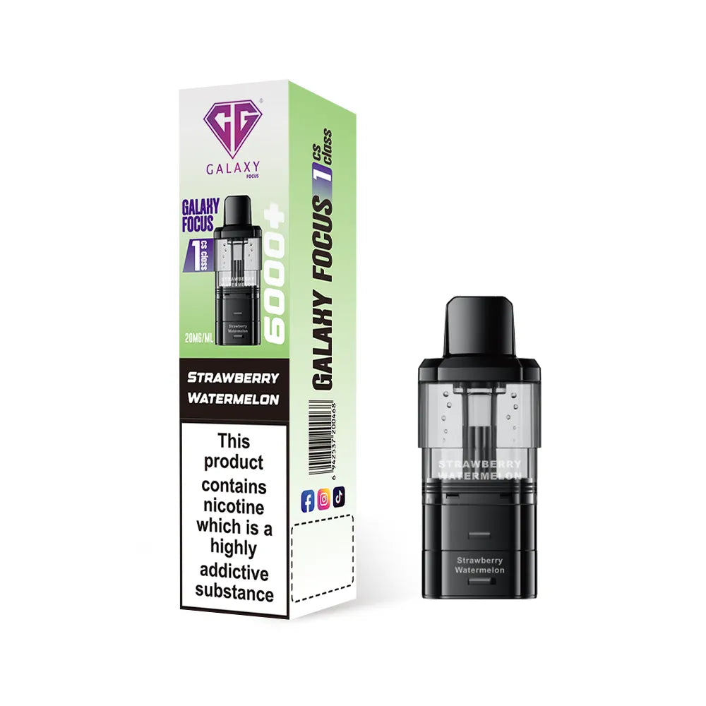Crystal Galaxy refill pod in the flavour strawberry watermelon with packaging on a white background