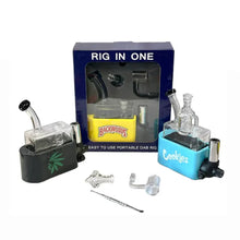 "RIG IN ONE" display box with various smoking accessories on a white background