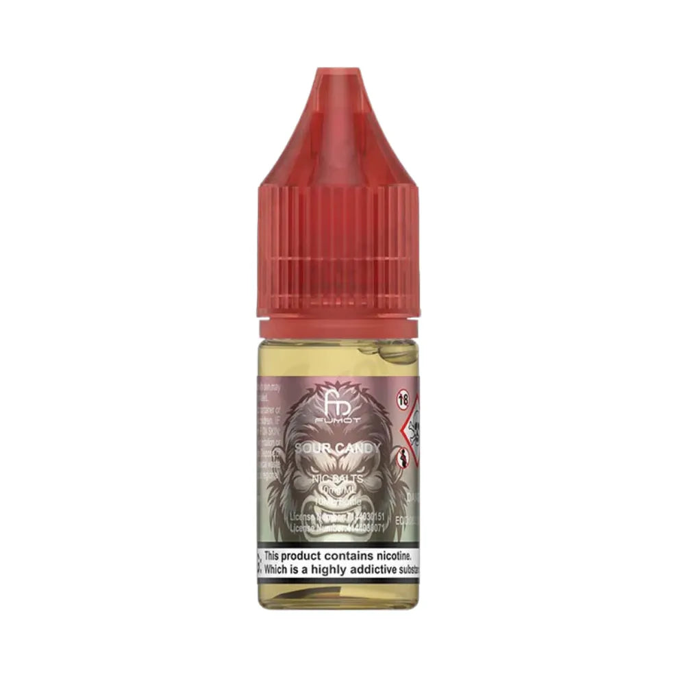 Vape juice bottle with red cap and label on a white background