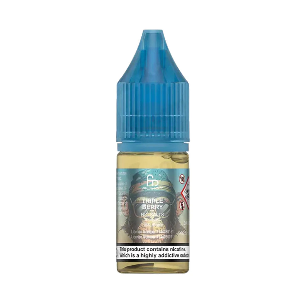 Bottle of R&M Triple Berry vape juice with blue cap on a white background