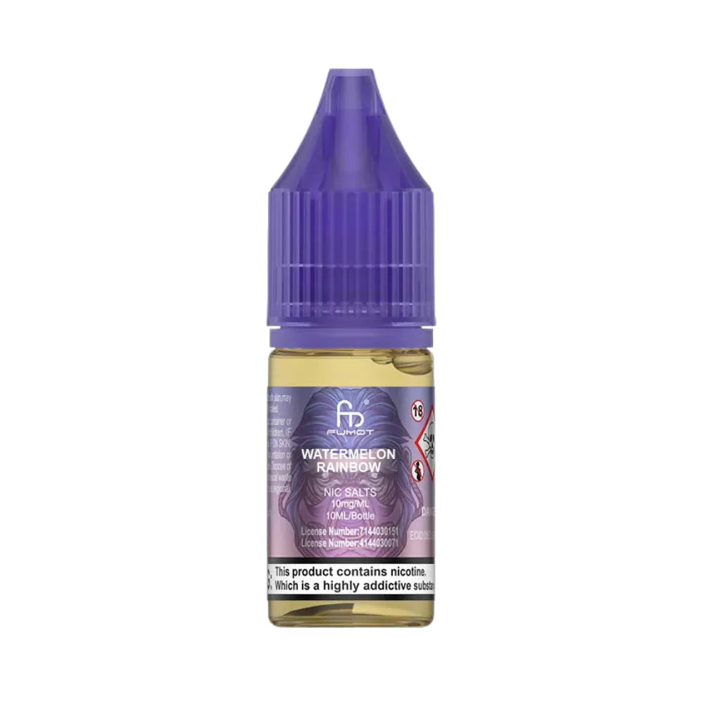 Bottle of watermelon rainbow vape juice with a purple cap on a white background