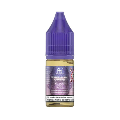 Bottle of watermelon rainbow vape juice with a purple cap on a white background