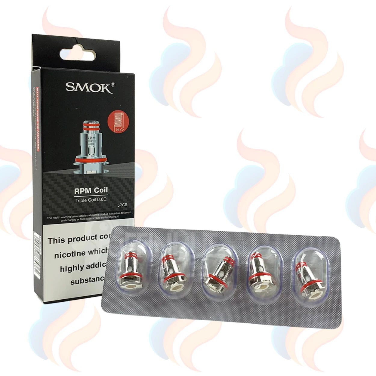 Smok RPM Coils packaging with coils in a blister pack on a white background with smoke effects.