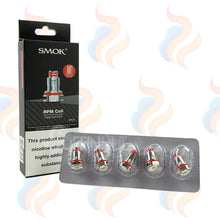 Smok RPM Coils packaging with coils in a blister pack on a white background with smoke effects.