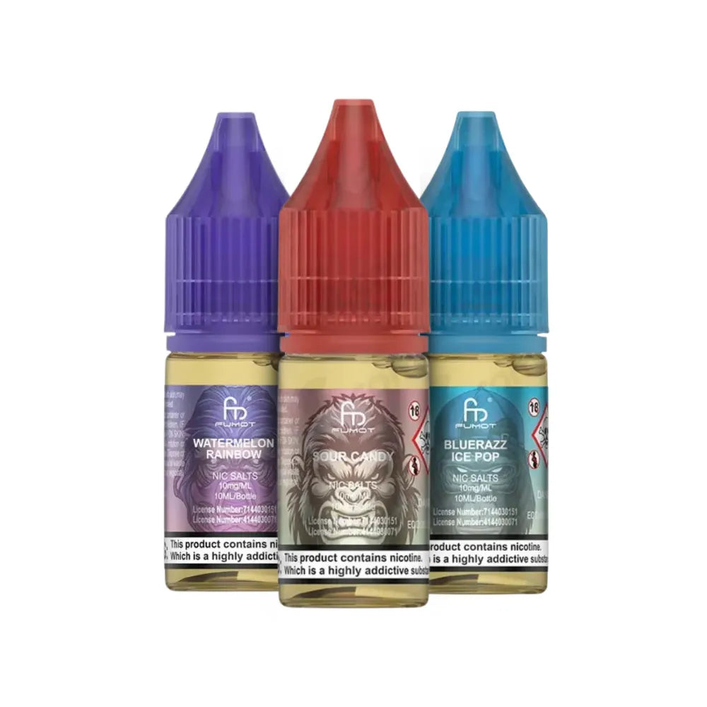 Three bottles of vape juice with colorful caps on a white background