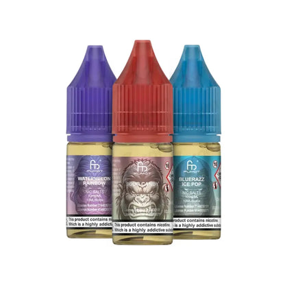 Three bottles of vape juice with colorful caps on a white background