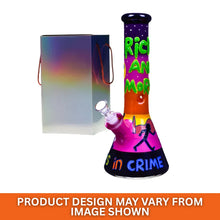Colourful, glow in the dark glass bong with "chrome" packaging on a white background.