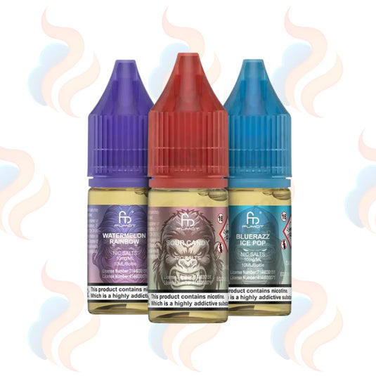 Three R and M Tornado 7000 vape juice bottles with colourful labels on a white background