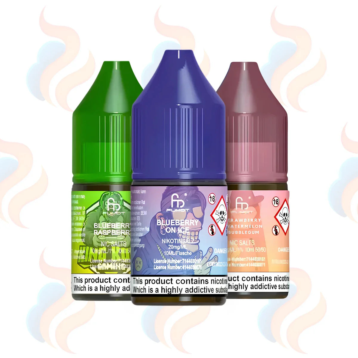 Three bottles of R&M Tornado 7000 nic salt e-liquids in 10mg nicotine strength on a white background.