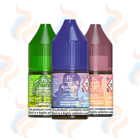 Three bottles of R&M Tornado 7000 nic salt e-liquids in 10mg nicotine strength on a white background.