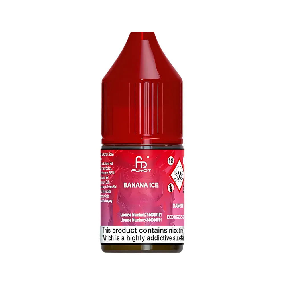 Red bottle of Fumot Banana Ice e-liquid on a white background