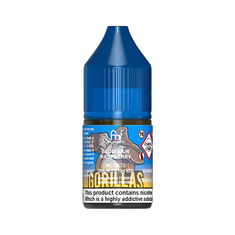 Blue bottle of R&M Blue Sour Raspberry Nic Salts on a white background