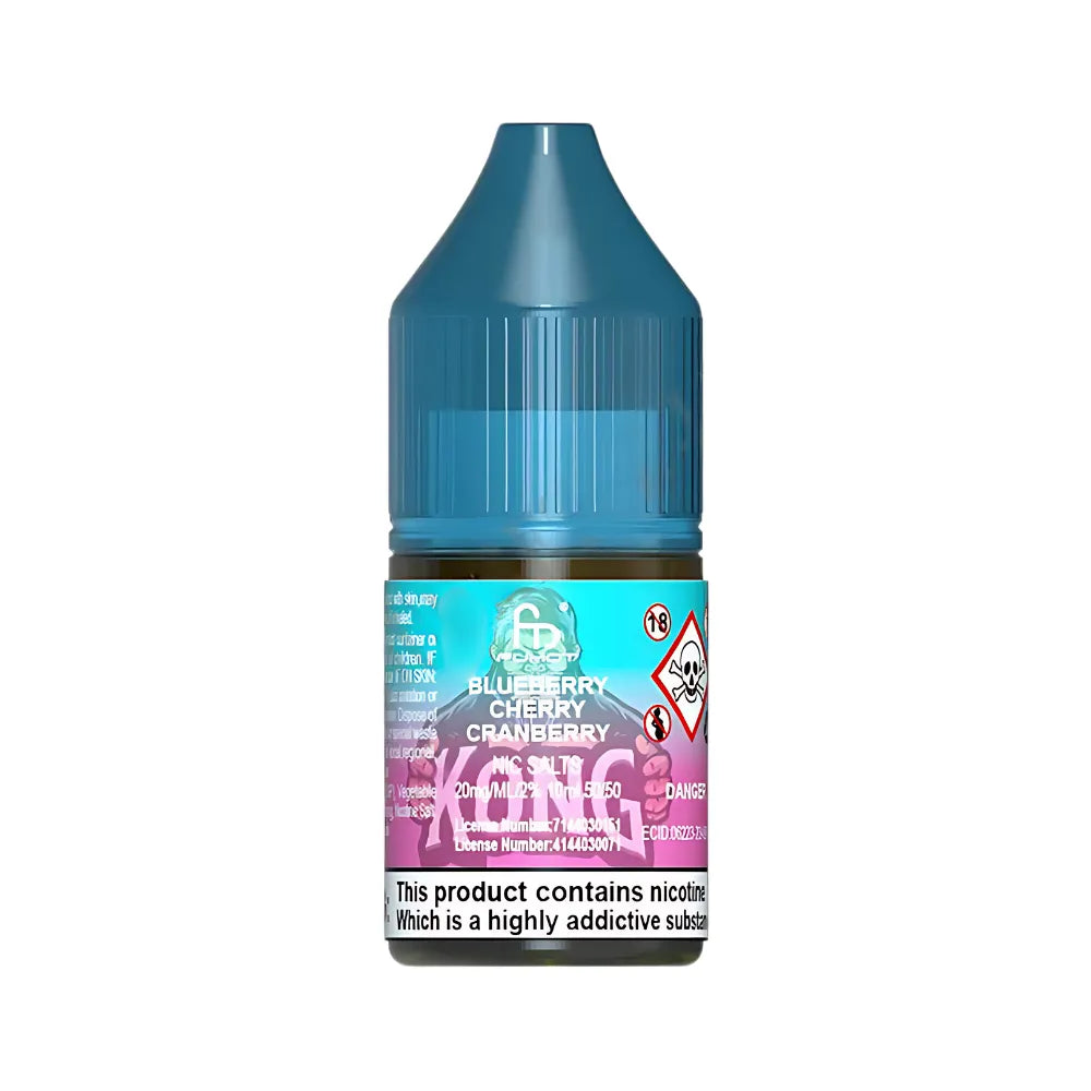 Vape juice bottle with blue cap and colorful label on a white background