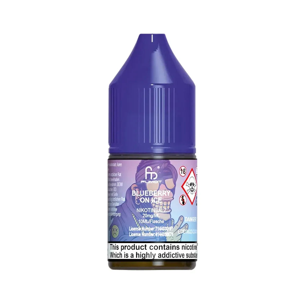 Blueberry on Ice vape juice bottle with purple cap and label on a white background