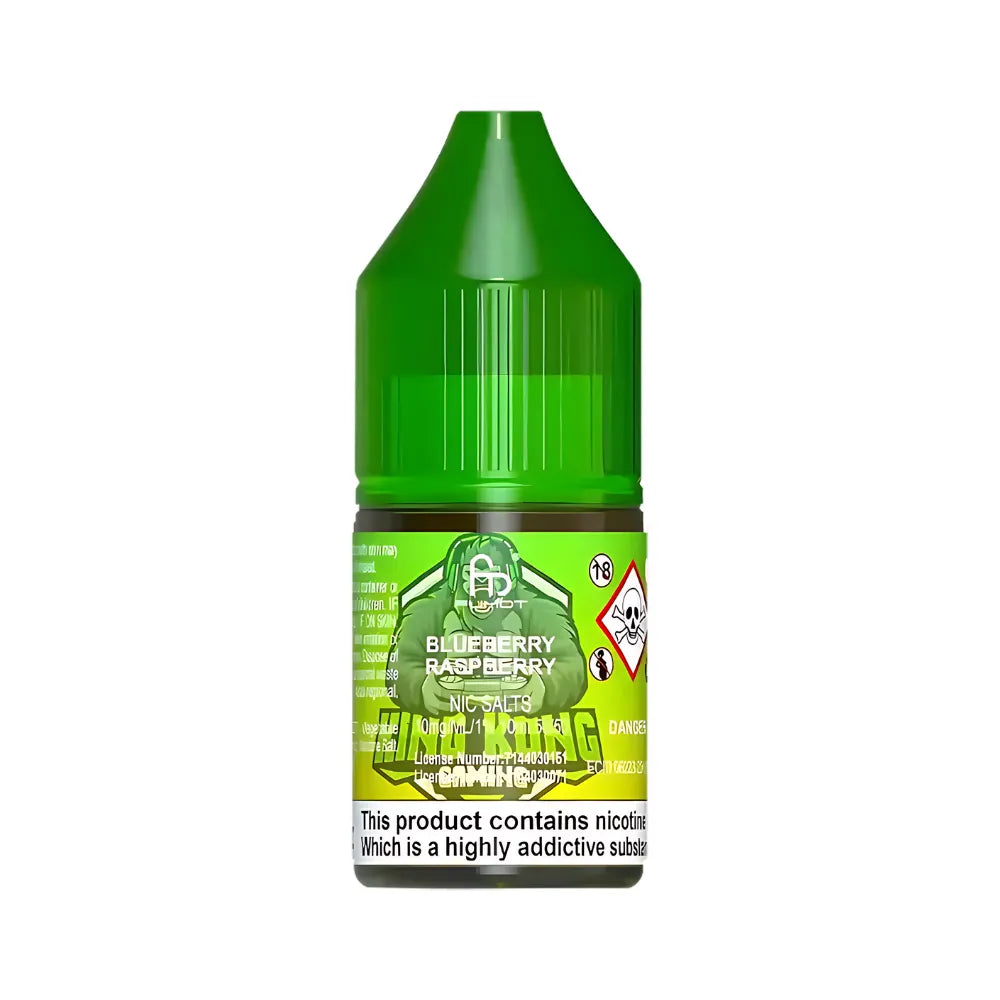 Green bottle of blueberry raspberry nicotine product on a white background