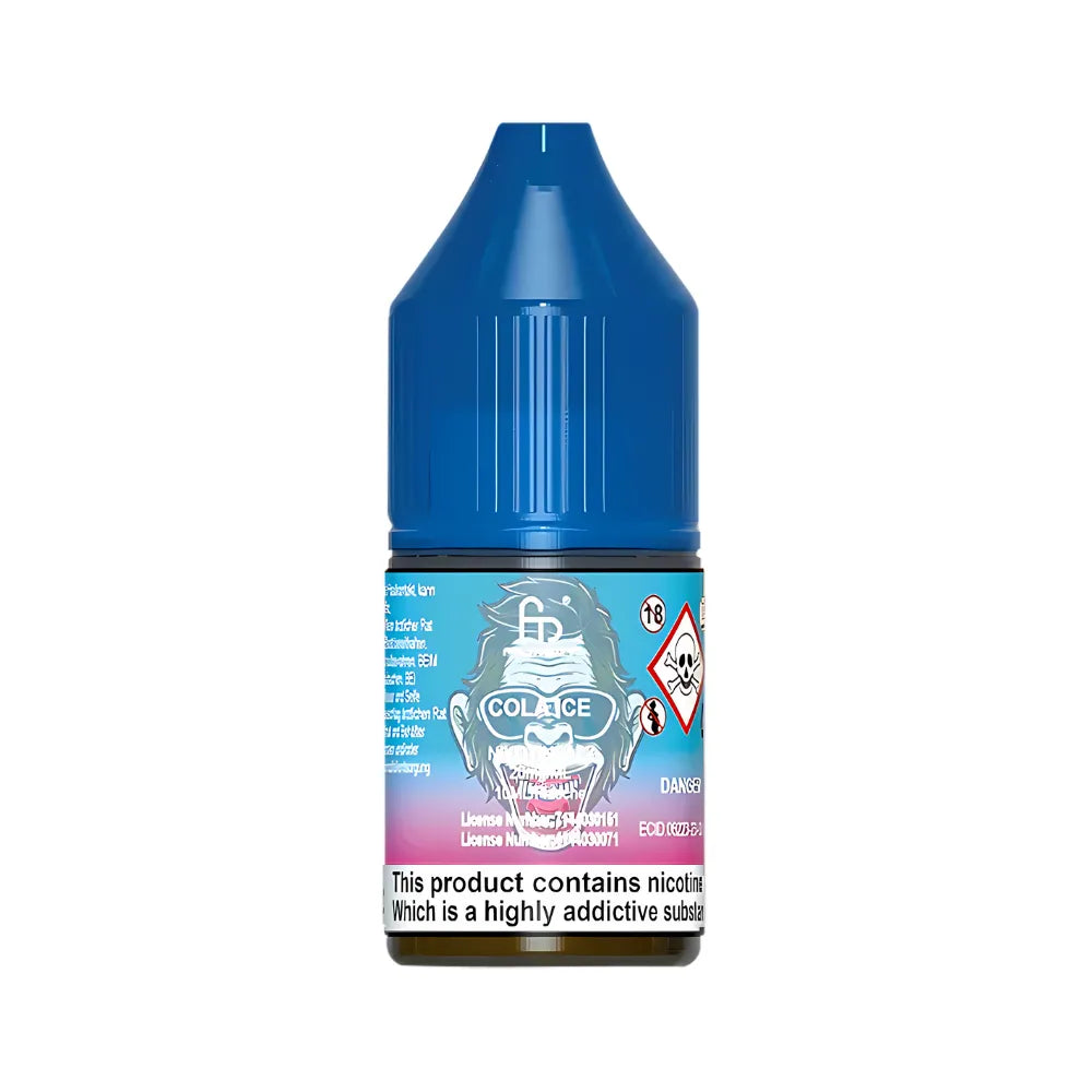 Blue vape juice bottle with a label and text on a white background