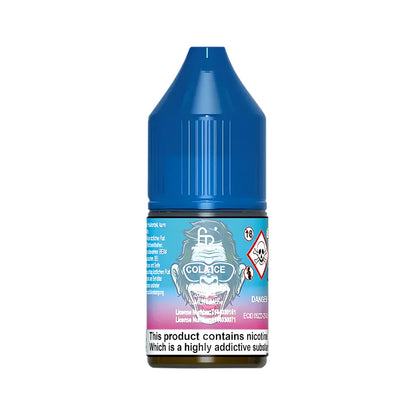 Blue vape juice bottle with a label and text on a white background