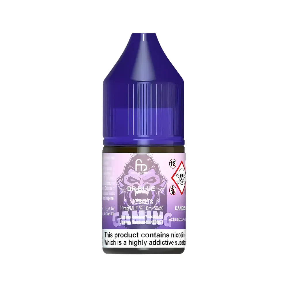 Vape juice bottle with purple cap and label on a white background